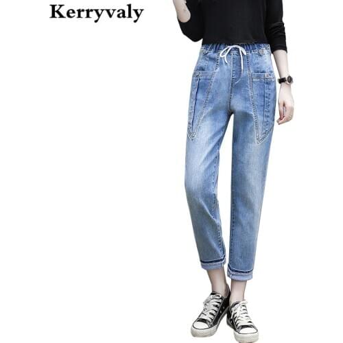 Spring 2021 L-XXXXL Large Size Loose Elastic Waist Denim Joggers Harem Pants Women Blue Boyfriend Jeans K9275