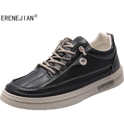 ERENEJIAN 2021 New Mens PU Leather Sneakers Fashion Flats Shoes For Male Lace UP Non-Slip Board Shoe Footwear