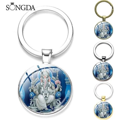 Ganesha Buddha Elephant Keychain Indian Lotus Elephant Meditation Spiritual Car KeyRing Glass Pendant Religious Believer Jewelry