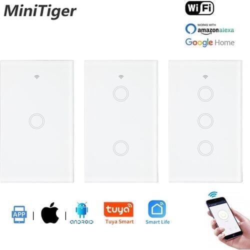 Minitiger US Standard Tuya APP 1/2/3 Gang WIFI Switch Smart Home Glass Panel Wall Switch Google Home Null and Fire Line