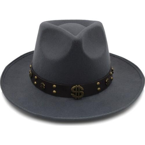 Fashion Steampunk Men Felt Fedora Hat with Wide Brim Jazz Hat Gentleman Dad Sombrero Godfather Hat Punk Belt Size 58cm