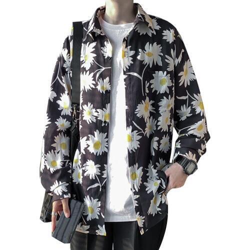 Fashion Men Floral Shirt Marguerite Long Sleeve Turndown Collar Button up Loose Tops Blouse Shirt for men