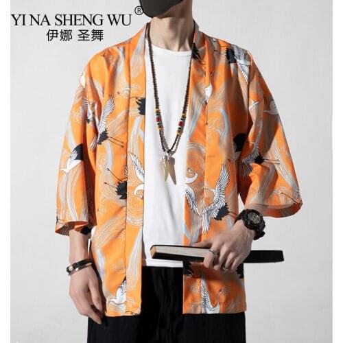 Men Japanese Kimono Yukata Haori Cardigan Men Samurai Costume Clothing Kimono Jacket Men Kimono Shirt Women Three Quarter Sleeve