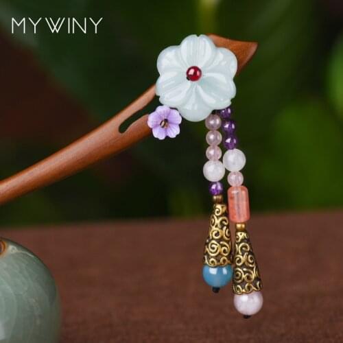 MYWINY Fashion nature sandalwood vintage hairjewelry,colored stone Ethnic hairpins,Flower hair jewelry girls Hairpins
