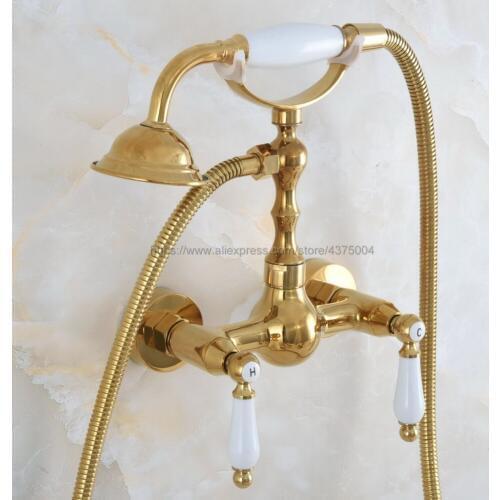 Wall Mounted Gold Color Brass Bath Faucets Bathroom Mixer Tap Crane With Hand Shower Head Shower Faucet Sets Nna835