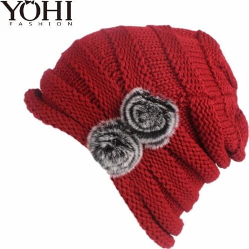 2018 New fashion slouchy beanie ski baggy hat knitted skull cap with rabbit fur winter warm knitted hat Pleated Caps