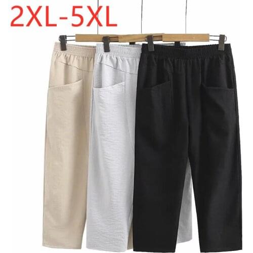 New 2021 Ladies Summer Plus Size Cropped Pants For Women Loose Casual Cotton Linen Gray Pocket Straight Trousers 2XL 3XL 4XL 5XL