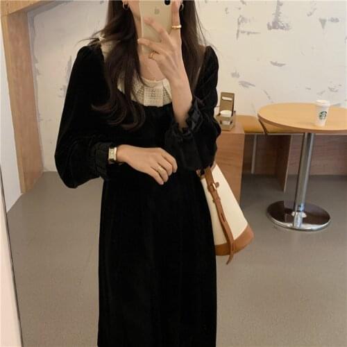 New New Spring Dress Girls Solid Female Vintage Dress Party Velvet Evening Long Sleeve Women Dresses Black Robe Vestido