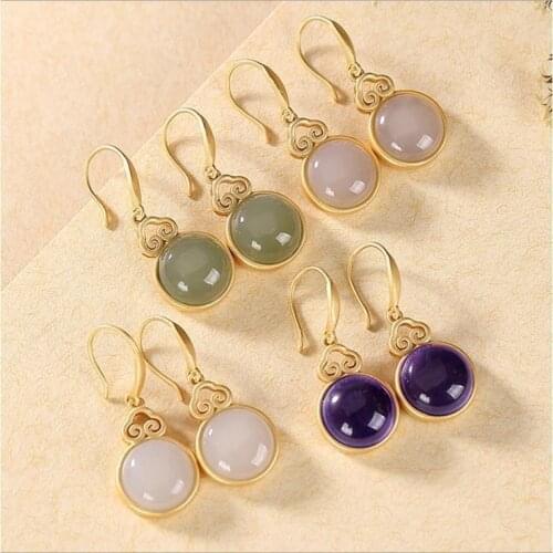 Autumn new style ancient gold craftsmanship inlaid natural Hetian jade round earrings, exquisite ladies silver jewelry