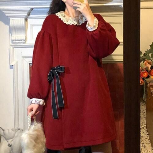 Christmas Japanese Kawaii Sweet Girl Trend Coat Women Winter Patchwork Wool Coats and Jackets Cute Female Long Korean Overcoat