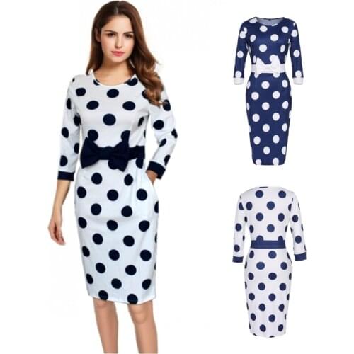 Bowknot Pencil DressPolka Dot Bow Knot 3/4 Sleeve Contrast Color Stitching Pencil Dress
