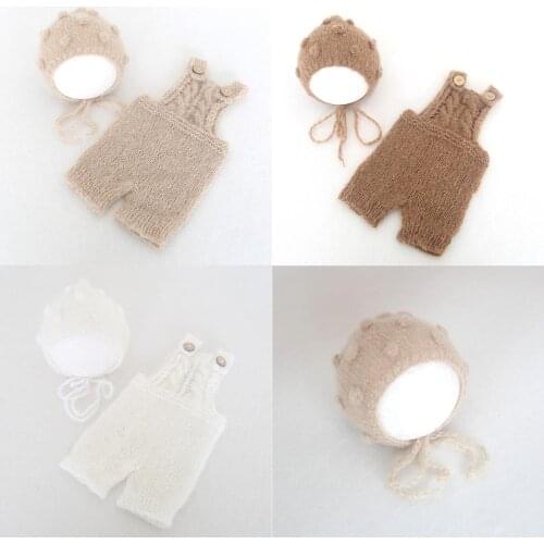 Pompom New born Hat Photography Props Knitted Baby Photography Romper Newborn Pants Set Overalls Photo Prop Hat