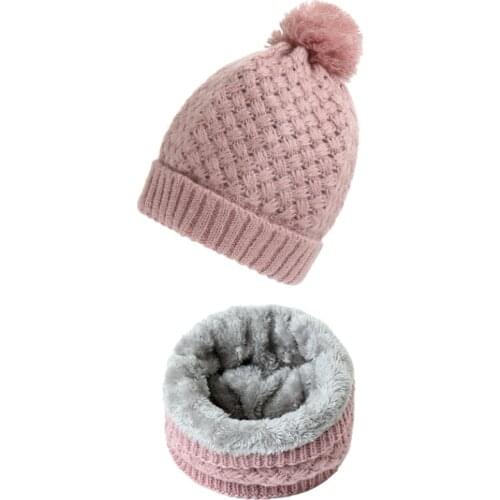 Women Winter Solid Knitted Scarf Set Snood Neck Beanie Hat Easy Scarves Cashmere Warm Fur Cap Wool Collars Scarfs for Kid Men