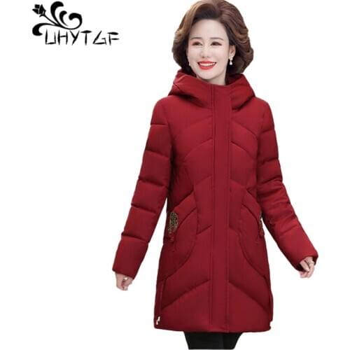 UHYTGF Down Jacket Women Winter Cotton Coat Mid-Length Elegant Mother Warm Plus Size Outerwear Fashion Hooded Parker Female 1385