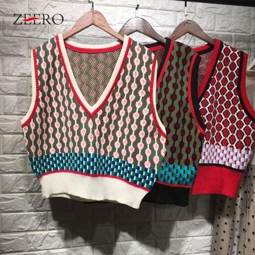 Streetwear Argyle Knitted Vest Women Autumn Winter V Neck Sleeveless Sweater Cropped Top Vest Female Waistcoat Gilet Short Tank