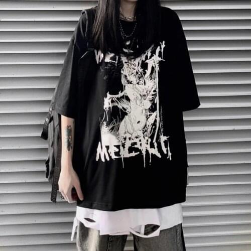 Anime Goth Tshirt Women Oversized Emo Punk Harajuku Summer Top Dark Aesthetic Fairy Grunge Plus Size y2k camisetas de mujer tee