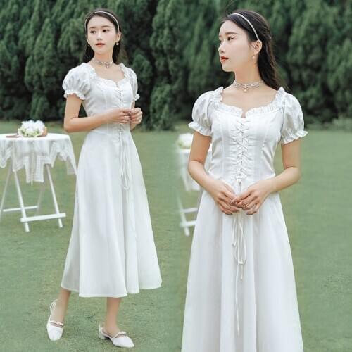 Women Long Vintage White Dress Summer 2020 Runway Elegant French Party Night Dress Retro Mori Girl Vacation Strap Dress Vestidos