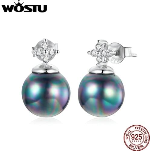 WOSTU 925 Sterling Silver Shiny CZ Stud Earrings Elegant Pearl Earrings For Women Fashion Silver Jewelry CTE498