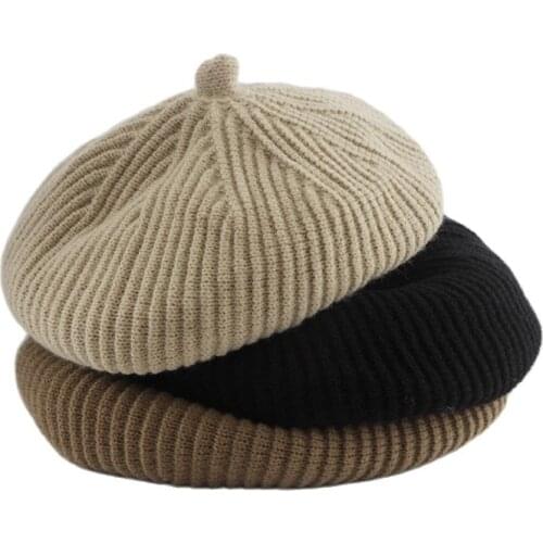 Winter Women Solid Striped Pleated Beret Hat Thick Warm Adjustable Woolen Knitted Hat Girls Ins French Artist Pumpkin Caps