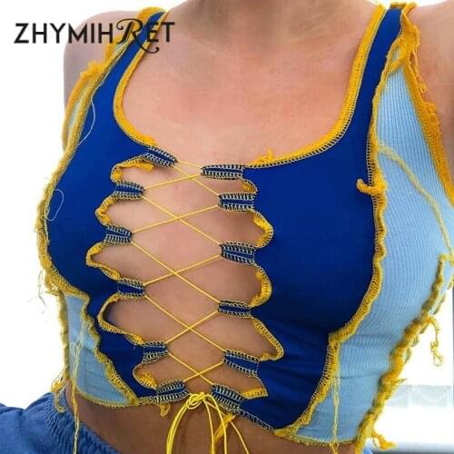 ZHYMIHRET 2020 Summer Lace Up Inside Out Tank Top Women Sexy Hollow Out Crop Top Patchwork Contrast Festival Camis