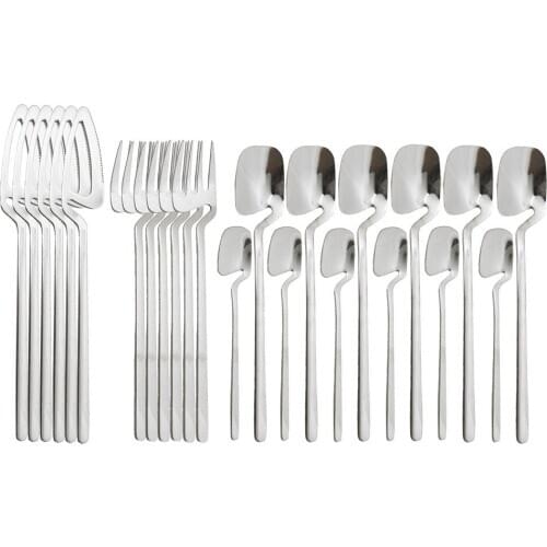 24Pcs Silver Dinnerware Sets Decor Spoon Fork Knife Cutlery Set Flatware Kitchen Tableware Ice Cream Desserts Soup Coffee Use