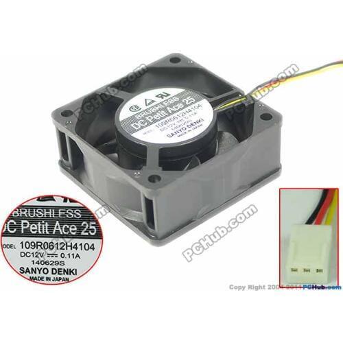 Sanyo Denki 109R0612H4104 DC 12V 0.11A 60x60x25mm 3-wire Server Cooling Fan