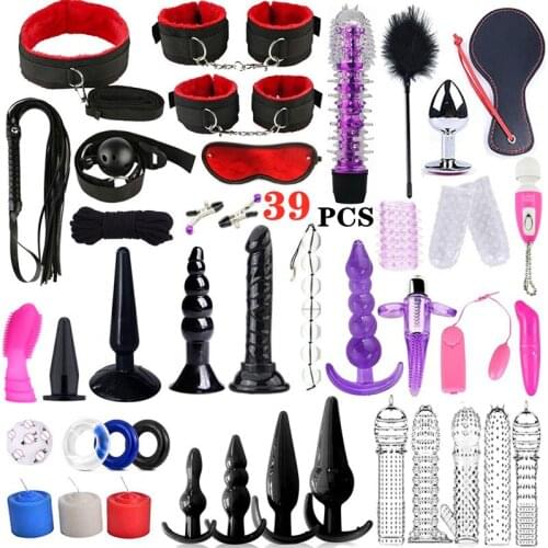 39pcs Erotic Bondage Dildo Vibrator Sex Handcuffs Collar Nipple Clamp For Couple Anal Plug Bdsm Restraints Adult Game Set