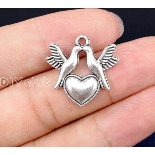 60pcs-Antique Tibetan Silver Lovebirds and Heart Charms 22x21mm