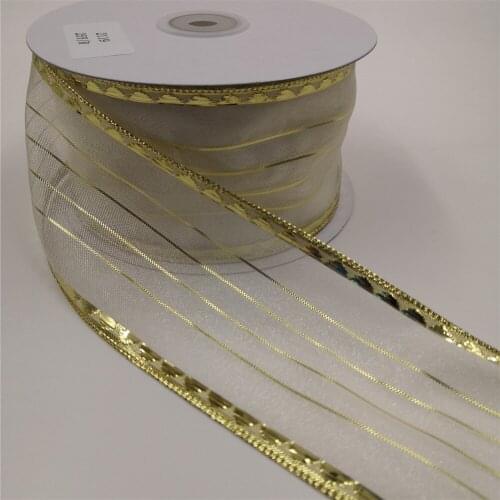 63MM X 25 Yards White Organza Wire Edge Ribbon With Gold lurex edge for Birthday Decoration Gift Wrapping 2-1/2"