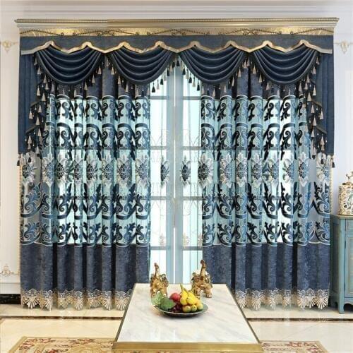 Senior hollow-out embroidered decorative curtains For Living Room Bedroom blue Embroidered Tulle Curtain Hotel Luxury Home Decor