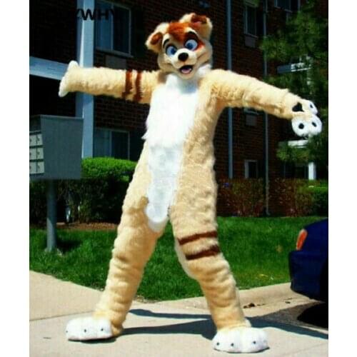 Beige Long-fur Fursuit Dog Mascot Costume Fox Cosplay Outfit Adult Stage Performance Fancy Party Fancy Dress Party for Halloween