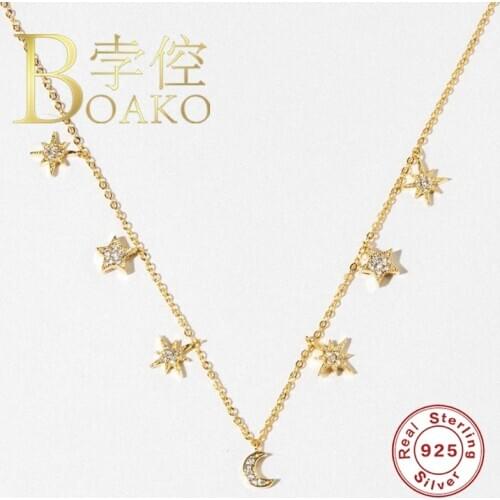 BOAKO 925 Sterling Silver Necklace Jewelry For Women 2020 Stars Moon Cadena Plata Zircon Choker Necklace Collier #8.5