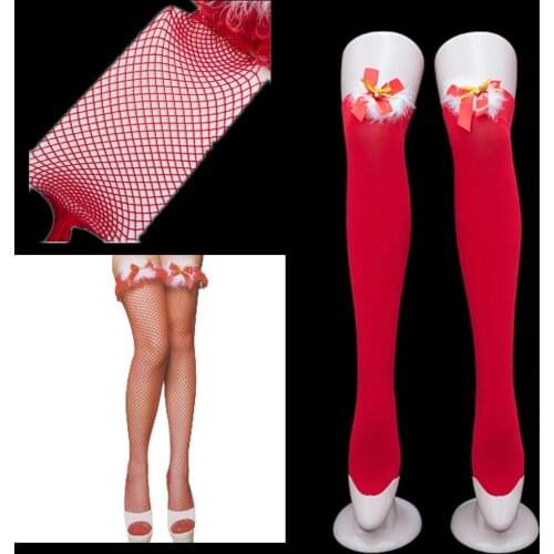 Red Christmas Bow Thigh High Stockings sexy lady high knee sheer fishnet Comfortable Tight Mesh Fetish club party hosiery women