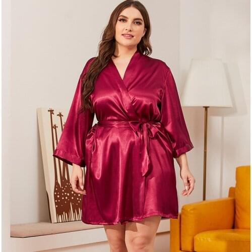 DOIB Women Bathrobe Pajamas Wine Red Satin Robe Kimono Plus Size Sleepwear Dress Gown Homewear Bridesmaid Summer Dress
