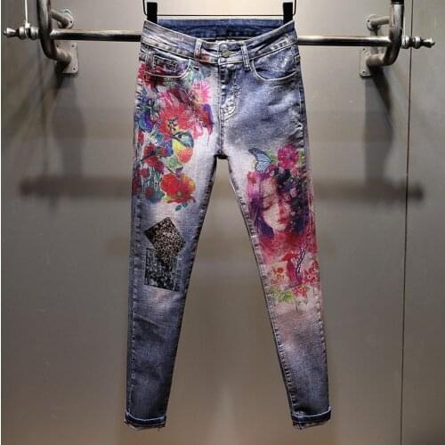 New Spring Summer High Waist Patch Cartoon Embroidery Full Length All-match Skinny Pencil Jeans Long Trousers Jeans for Women