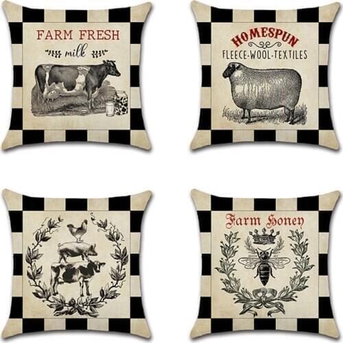 European Style Retro Grid Vintage Farm Animals Beef Pig Chicken Throw Pillow Case Sofa Room Chair Decorative Cushion Cover