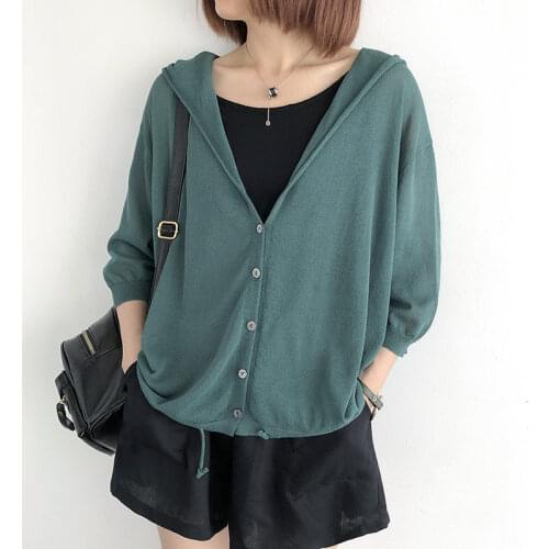 Summer Linen Knitted Cardigan Womens Thin Loose Large Size Air-Conditioned Shirt Top Hooded Short Sun Protection Clothing zh916