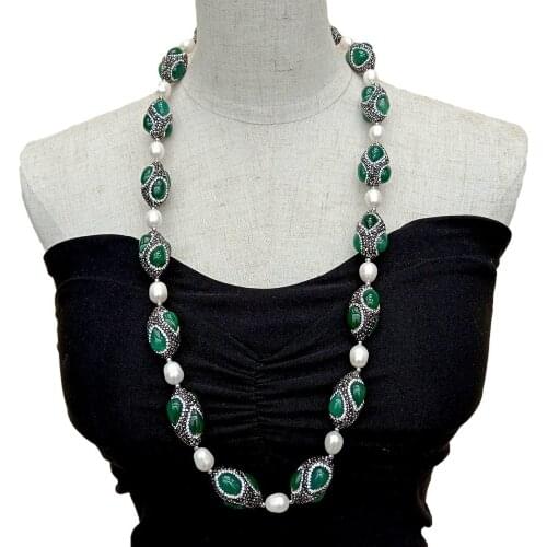 KKGEM 81.2cm Natural Cultured White Rice Freshwater Pearl Green Agate Black Rhinestone Pave rice shape sweater chain Necklace