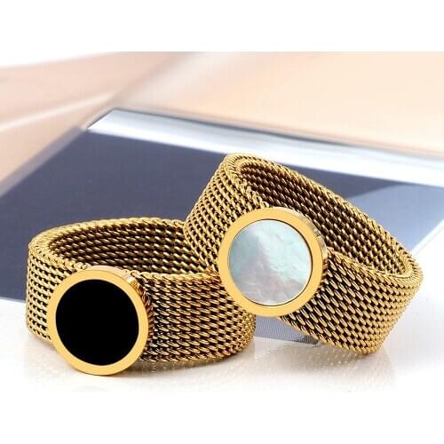 Stainless Steel Women Men Rings Black/White Shell Charm Rings Gold Color Mesh Ring For Fashion Jewelry