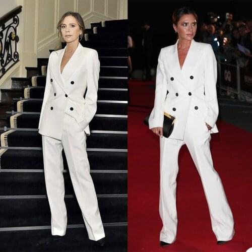 White Customized Women Pants Suits Double Breasted Office Lady Blazer Suit Wear Prom Party Business Outfits (Jacket+Pant