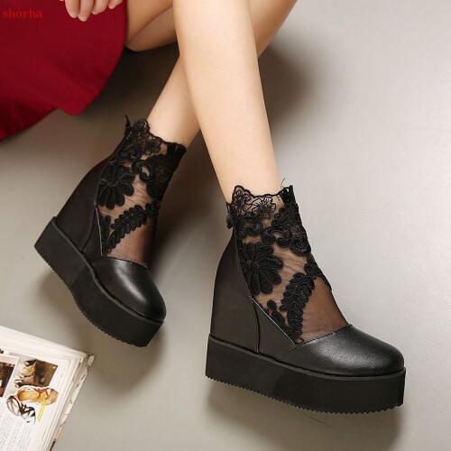 Fashion Sweet Lace Roman Shoes Women Wedge Heels White Black Platform Pumps High Heels Sandals black and white women shoess