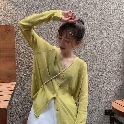 New Outerwear Thin Office Cardigan Summer Korean Style Sun Protection Shirt Long Sleeve V-neck Knitted Cardigan Womens Shirt