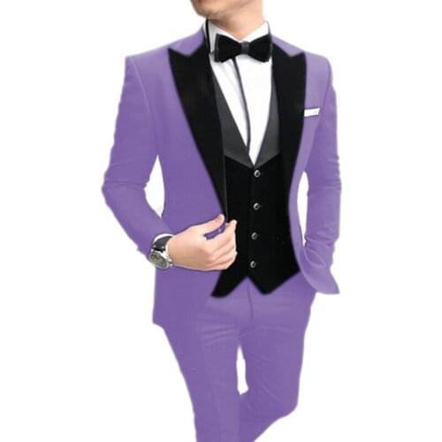 One Button Men Suits Light Purple and Black Groom Tuxedos Peak Lapel Groomsmen 3 Pieces Set ( Jacket+Pants+Vest+Bow Tie ) D314