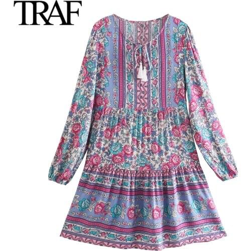 TRAF Za Women Clothing Long Sleeve Dress Boho Rayon Floral Dress French Fashion Loose A-line Mini Skirt