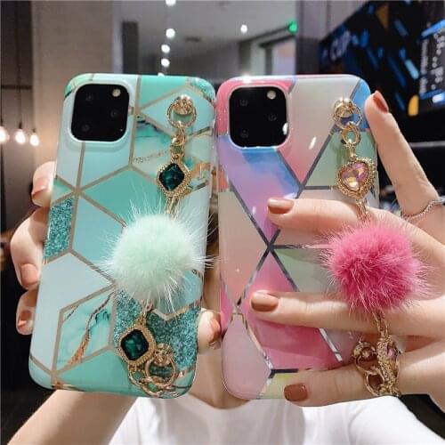 Luxury Bling marble Jewelry diamond Soft silicone phone case for iphone 12 X XR XS MAX 7 8 plus 11 Pro Hair ball bracelet cover