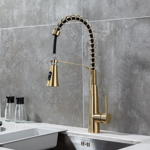 Kitchen Faucet Mixer Gold Brush Single Handle Pull Down Kitchen Tap Single Hole Handle Swivel 360 Degree Water Cold and Hot Taps