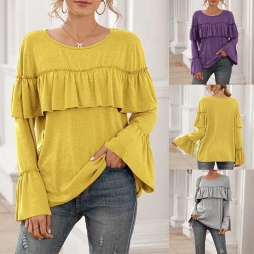 Spring and Summer Loose Leisure Ruffle Stitching Long-Sleeved Solid Color Mid-Length T-Shirt Top