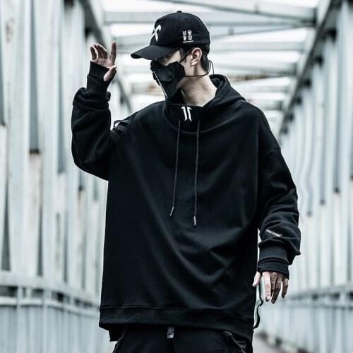 Techwear Code Print Hip Hop Ribbons Black Hooded Drawstring Hoodie Sweatshirt Men Ninja Clothes Casual Embroidery Streetwear Top