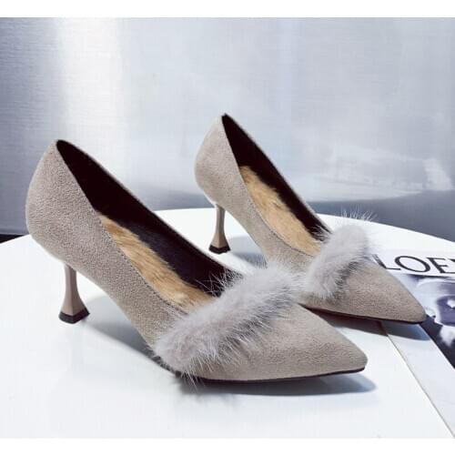Womens Shoes Wild Fluffy Plush Pumps Womens Office Shoes Fashion High Heel Elegant Pointed Thin Heels Zapatos Mujer W37-45