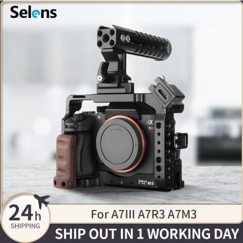 Selens a7iii a7r3 a7m3 Camera Cage Rig For A7III A7R3 A7M3 Cold Shoe Mount with Aluminum Top Handle Grip Pearwood handle
